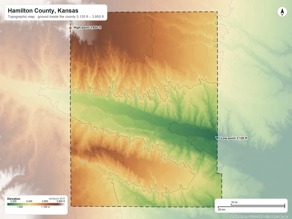 Topographic elevation map of Hamilton County, Kansas, shaded from 3,120 ft on the east side to 3,850 ft on the northwest side