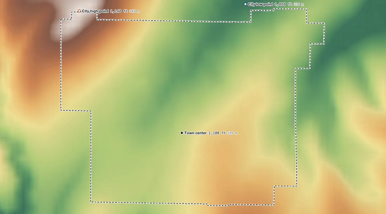 Topographic elevation map of Hamilton, Kansas, shaded from 1,080 ft on the northeast side to 1,140 ft on the northwest side