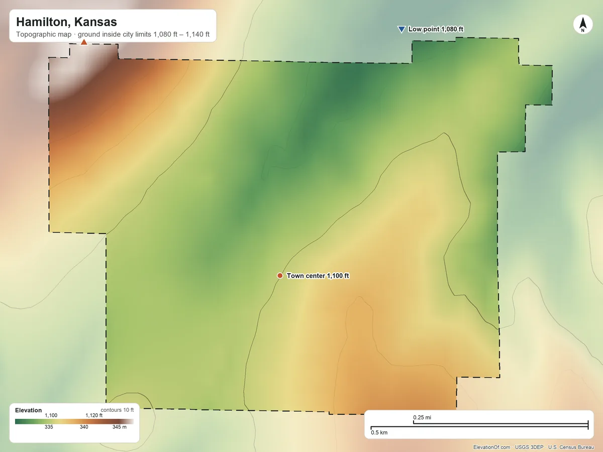 Topographic elevation map of Hamilton, Kansas, shaded from 1,080 ft on the northeast side to 1,140 ft on the northwest side