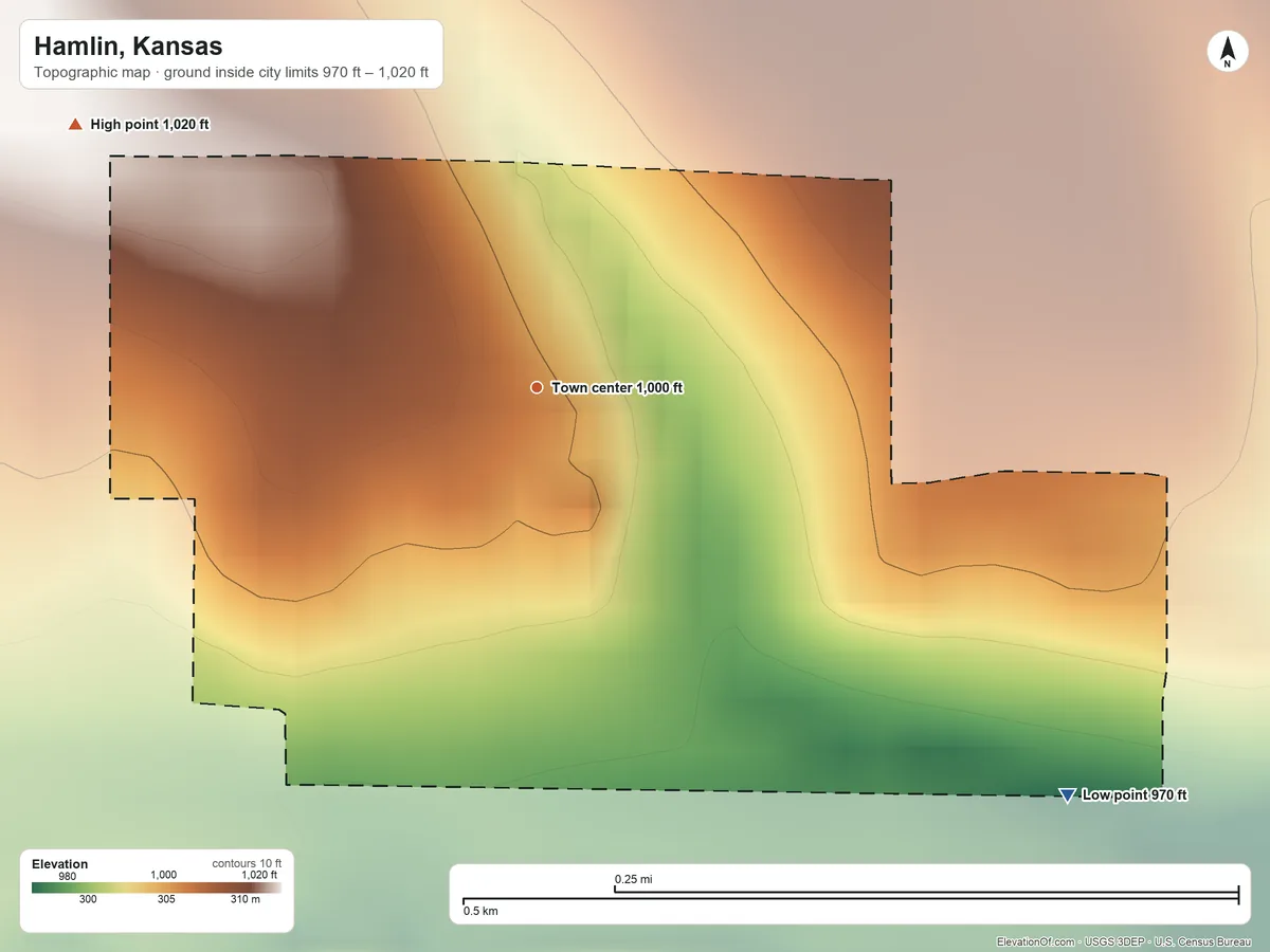 Topographic elevation map of Hamlin, Kansas, shaded from 970 ft on the southeast side to 1,020 ft on the northwest side