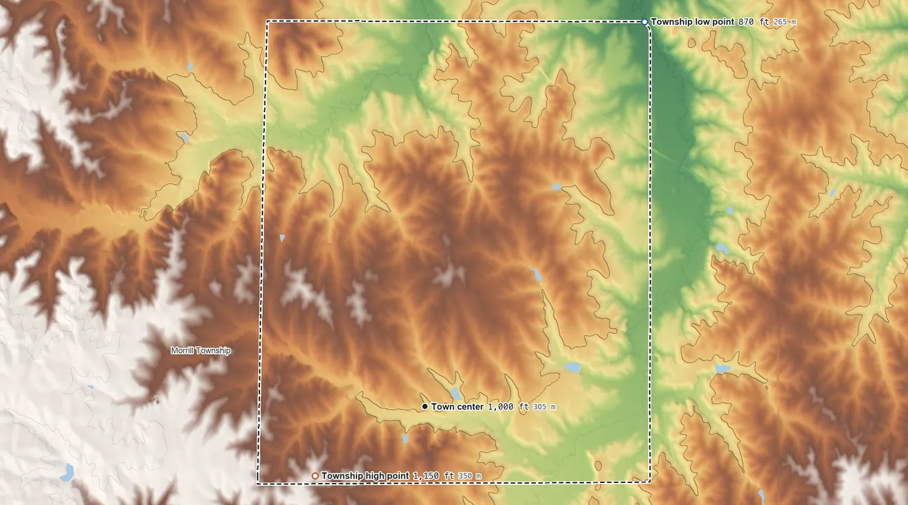 Topographic elevation map of Hamlin Township, Kansas, shaded from 870 ft on the northeast side to 1,150 ft on the southwest side