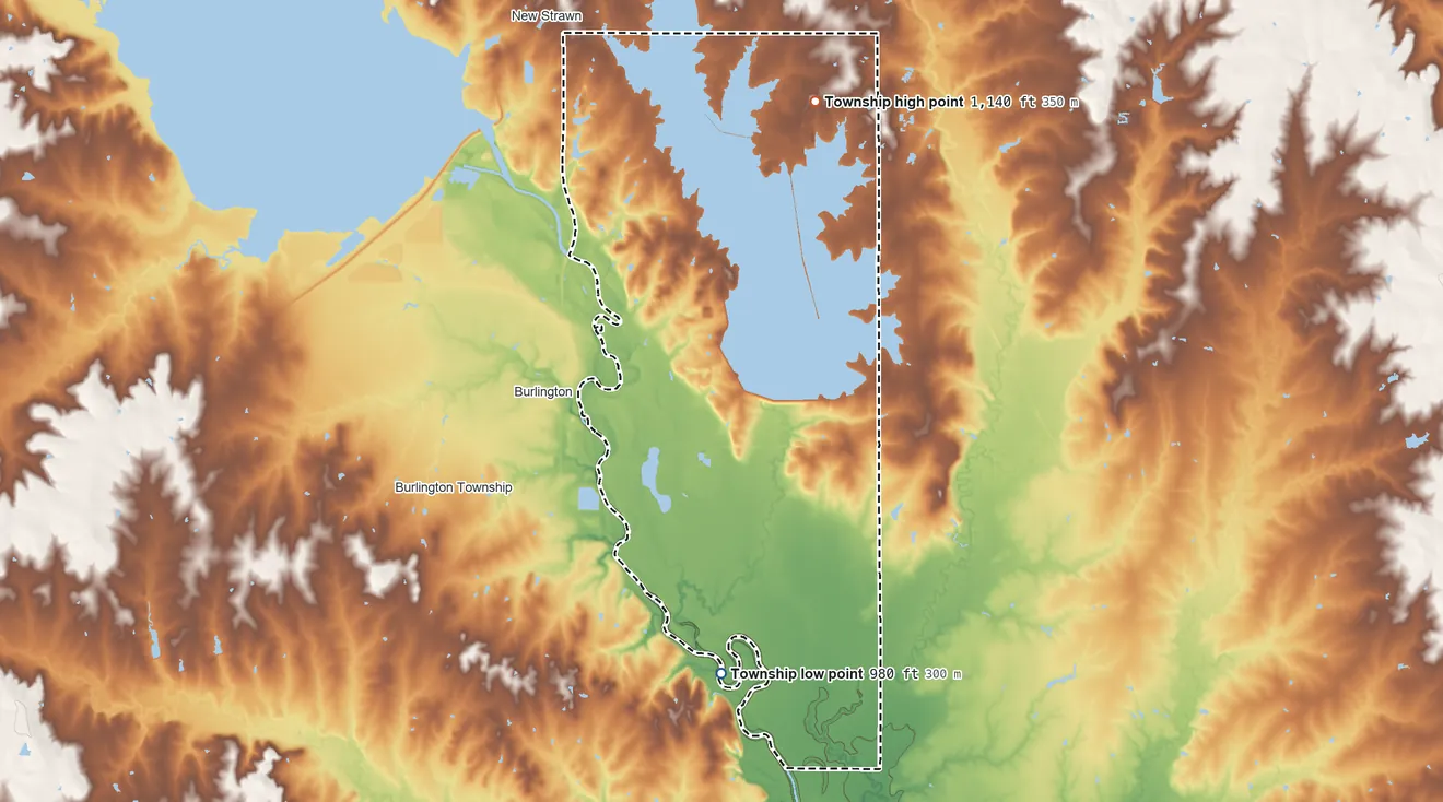 Topographic elevation map of Hampden Township, Kansas, shaded from 980 ft on the south side to 1,140 ft on the northeast side