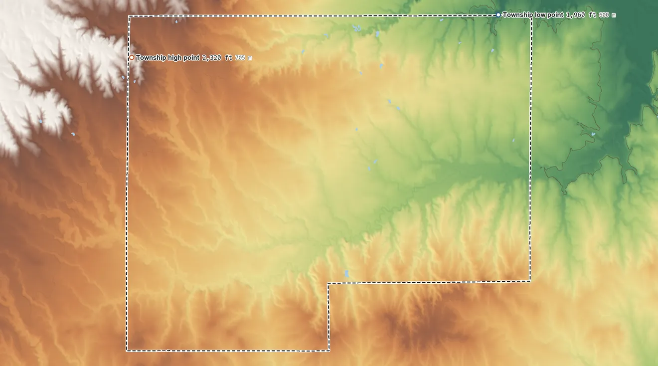 Topographic elevation map of Hampton-Fairview Township, Kansas, shaded from 1,960 ft on the northeast side to 2,320 ft on the north side