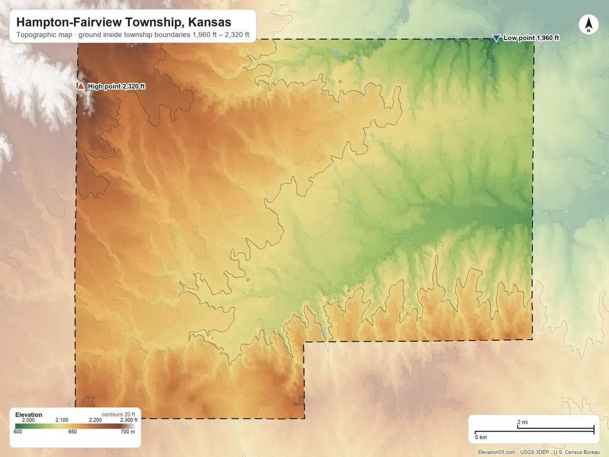 Topographic elevation map of Hampton-Fairview Township, Kansas, shaded from 1,960 ft on the northeast side to 2,320 ft on the north side