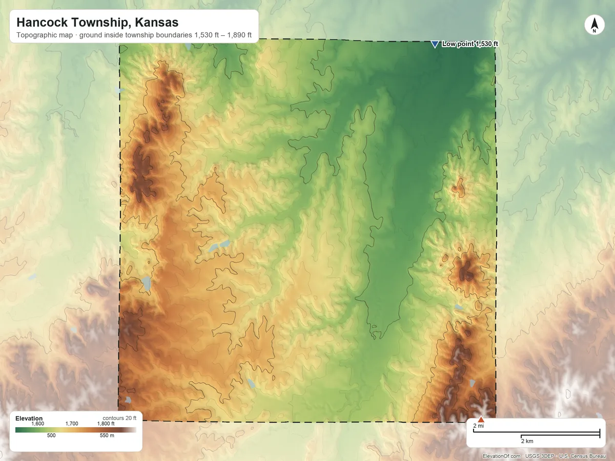 Topographic elevation map of Hancock Township, Kansas, shaded from 1,530 ft on the north side to 1,890 ft on the east side