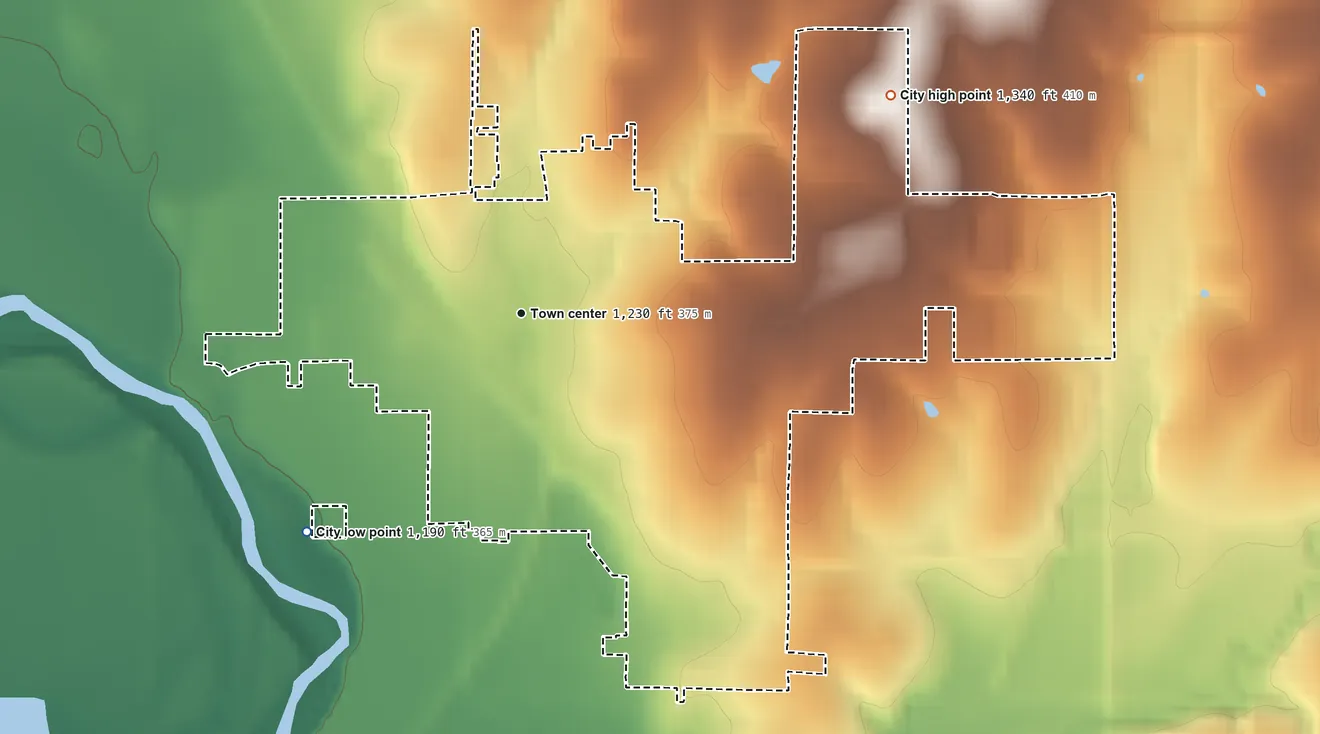 Topographic elevation map of Hanover, Kansas, shaded from 1,190 ft on the southwest side to 1,340 ft on the northeast side
