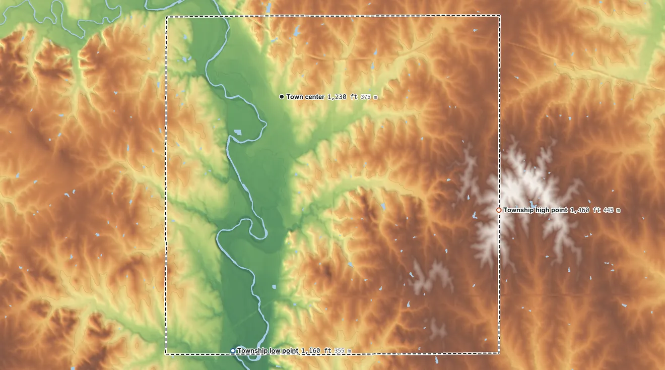 Topographic elevation map of Hanover Township, Kansas, shaded from 1,160 ft on the south side to 1,460 ft on the southeast side
