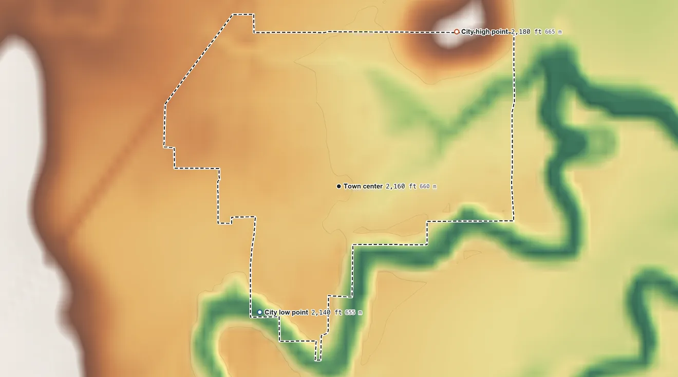 Topographic elevation map of Hanston, Kansas, shaded from 2,140 ft on the southwest side to 2,180 ft on the northeast side