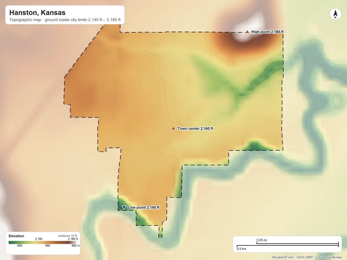 Topographic elevation map of Hanston, Kansas, shaded from 2,140 ft on the southwest side to 2,180 ft on the northeast side