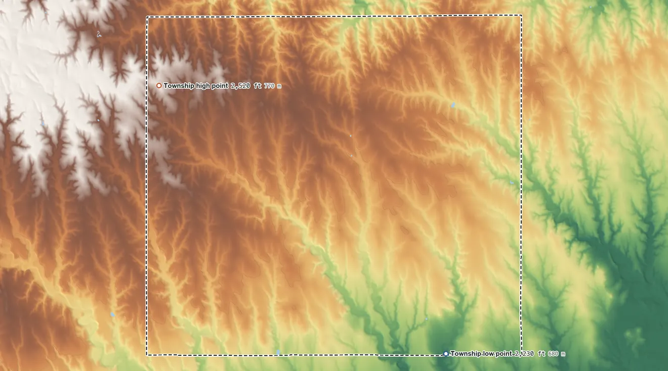 Topographic elevation map of Happy Township, Kansas, shaded from 2,230 ft on the south side to 2,520 ft on the west side