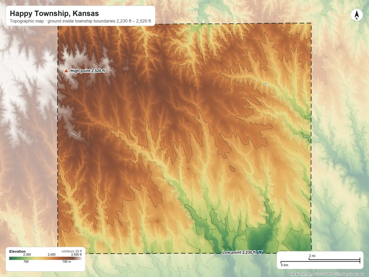 Topographic elevation map of Happy Township, Kansas, shaded from 2,230 ft on the south side to 2,520 ft on the west side