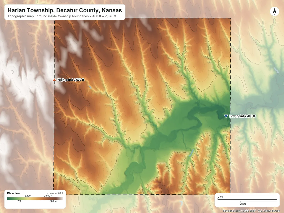 Topographic elevation map of Harlan Township, Decatur County, Kansas, shaded from 2,400 ft on the east side to 2,670 ft on the northwest side