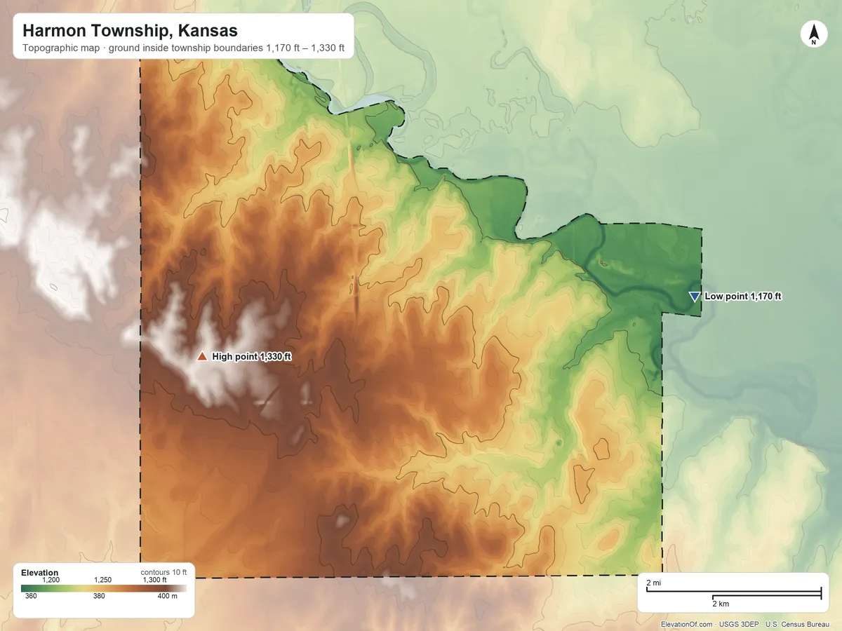 Topographic elevation map of Harmon Township, Kansas, shaded from 1,170 ft on the east side to 1,330 ft on the west side