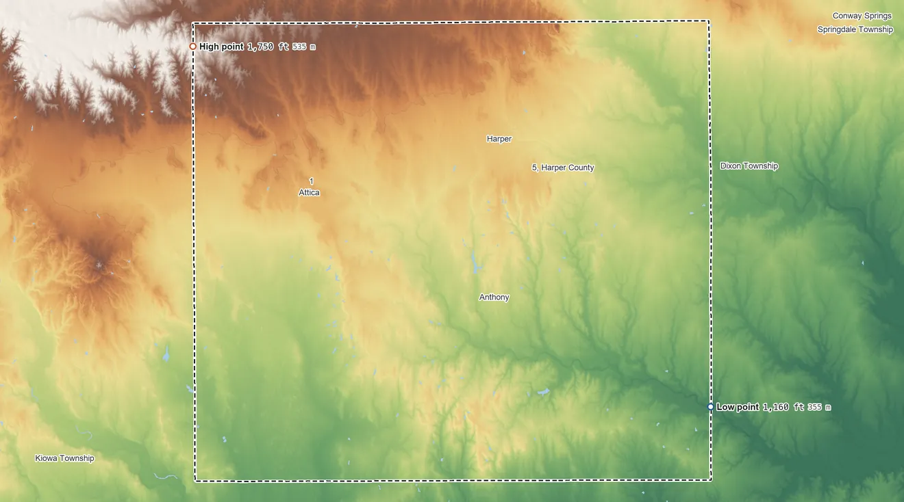 Topographic elevation map of Harper County, Kansas, shaded from 1,160 ft on the southeast side to 1,750 ft on the northwest side