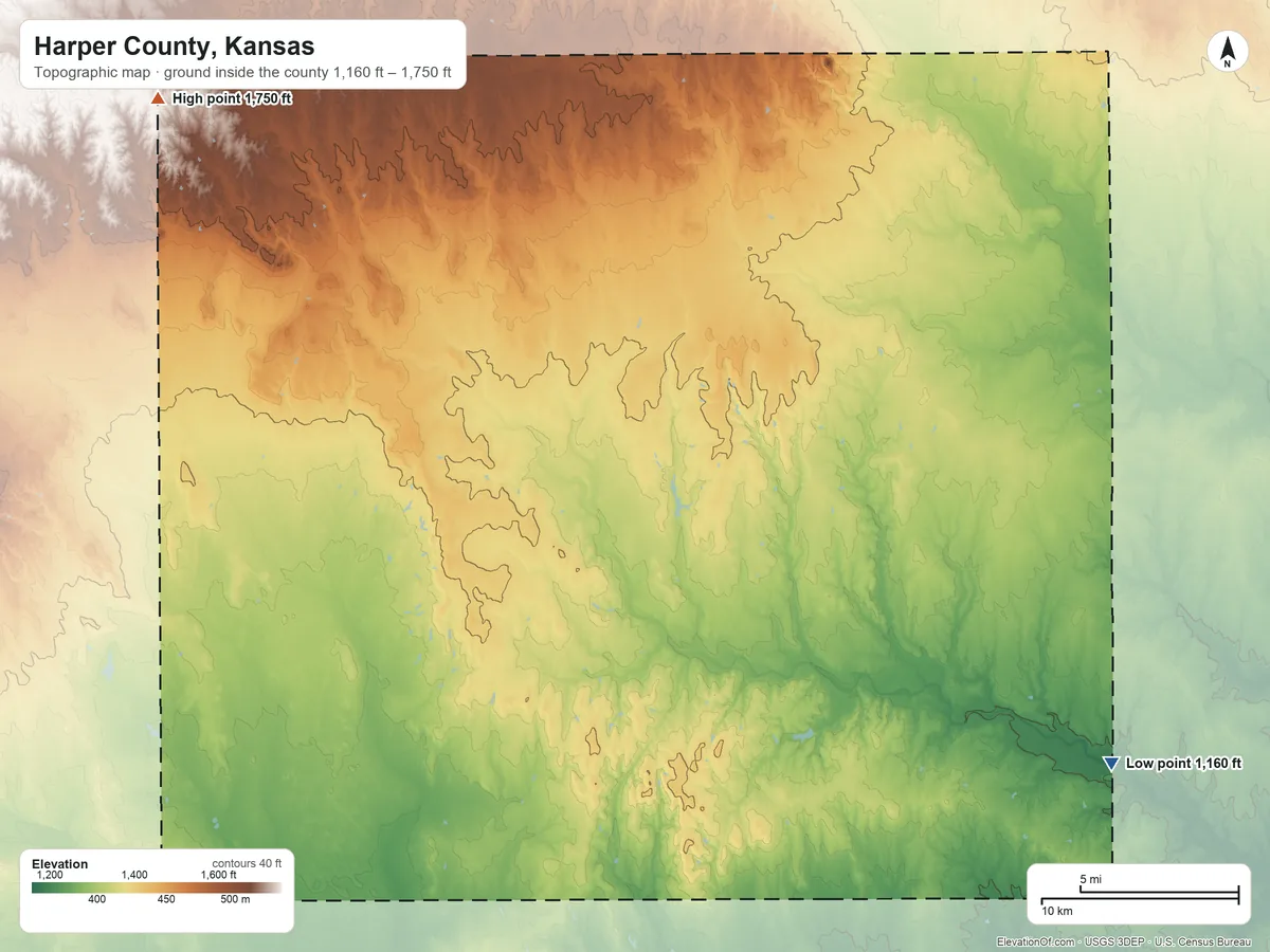 Topographic elevation map of Harper County, Kansas, shaded from 1,160 ft on the southeast side to 1,750 ft on the northwest side