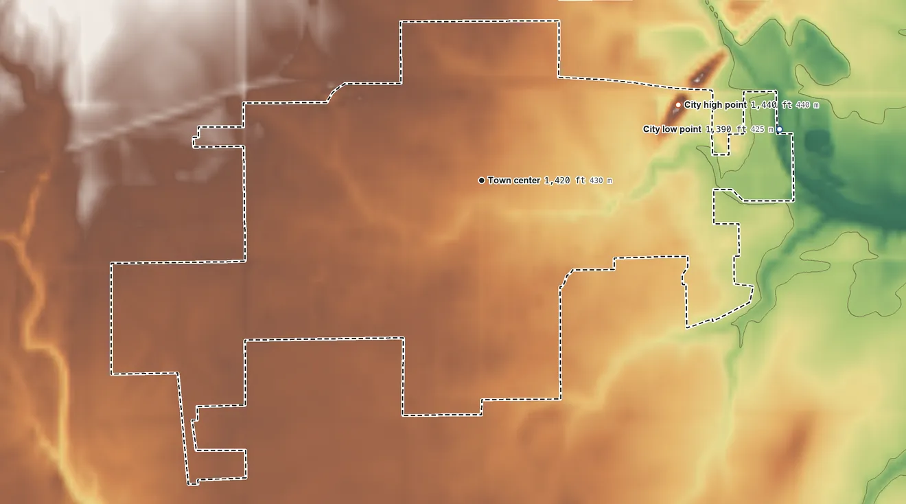 Topographic elevation map of Harper, Kansas, shaded from 1,390 ft on the east side to 1,440 ft on the east side