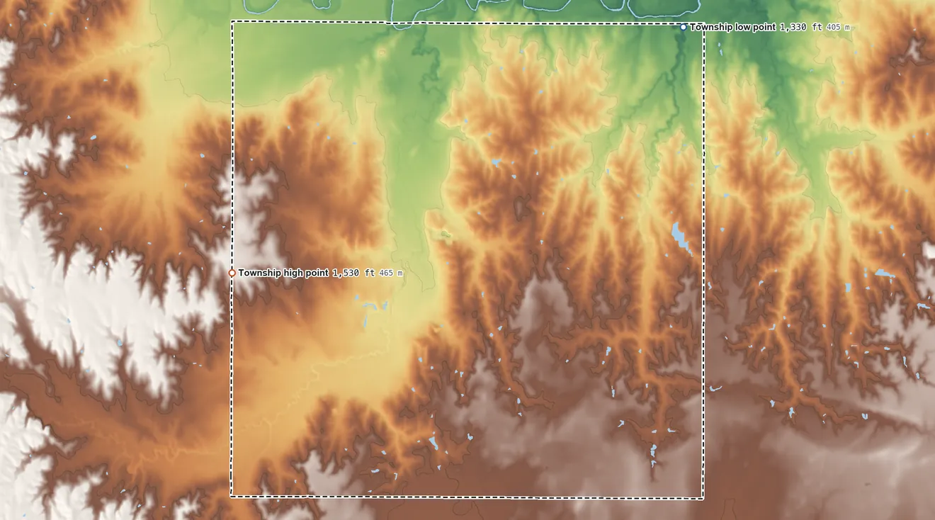 Topographic elevation map of Harper Township, Kansas, shaded from 1,330 ft on the northeast side to 1,530 ft on the west side