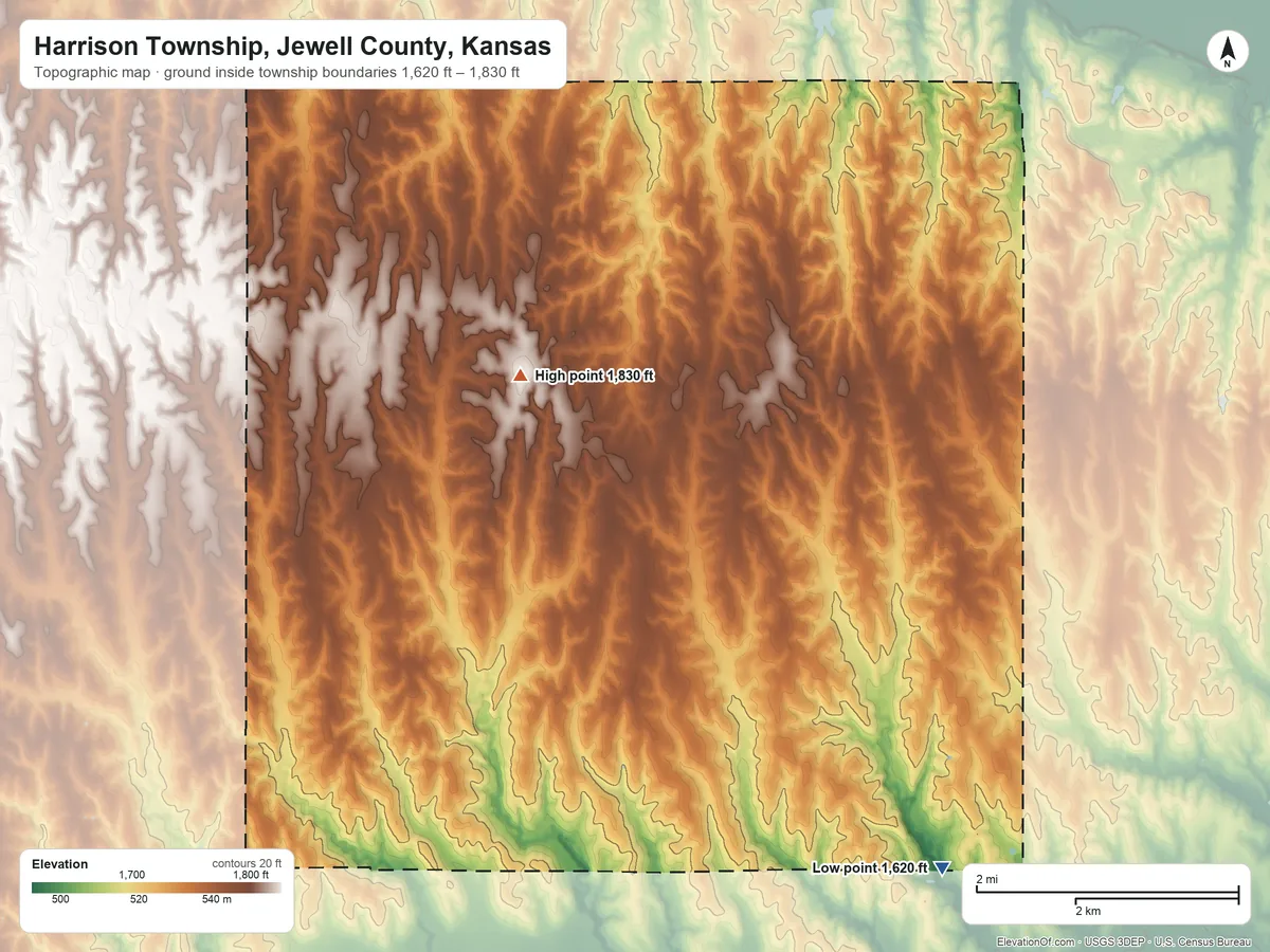 Topographic elevation map of Harrison Township, Jewell County, Kansas, shaded from 1,620 ft on the south side to 1,830 ft on the west side