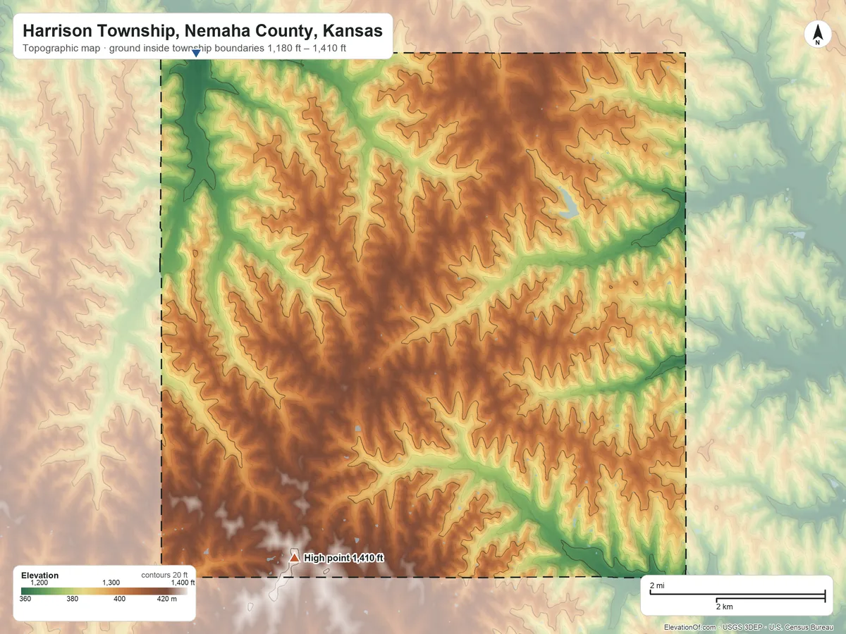 Topographic elevation map of Harrison Township, Nemaha County, Kansas, shaded from 1,180 ft on the northwest side to 1,410 ft on the southwest side