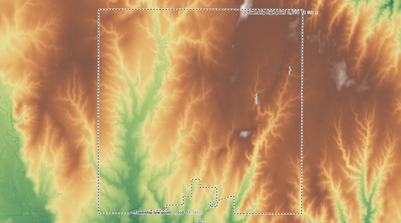 Topographic elevation map of Harrison Township, Rice County, Kansas, shaded from 1,660 ft on the southwest side to 1,770 ft on the north side