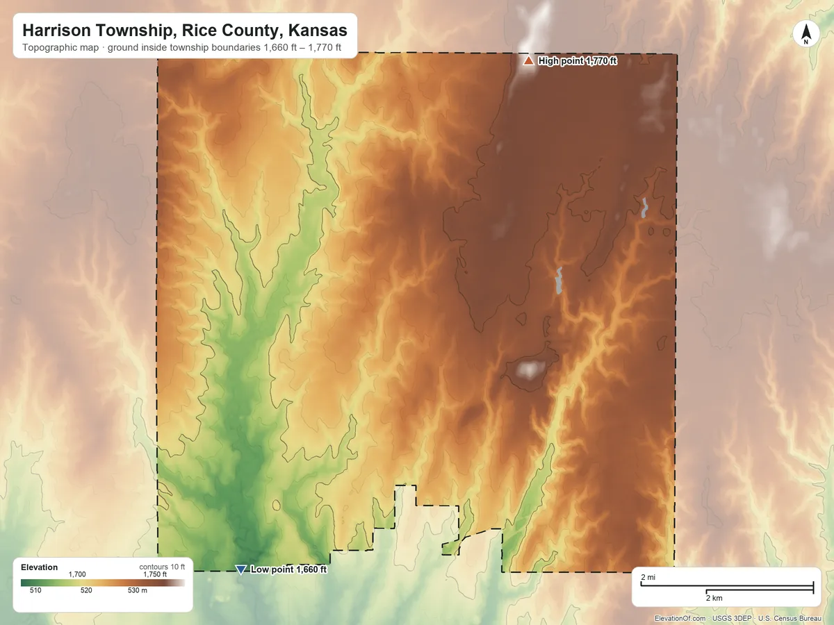 Topographic elevation map of Harrison Township, Rice County, Kansas, shaded from 1,660 ft on the southwest side to 1,770 ft on the north side