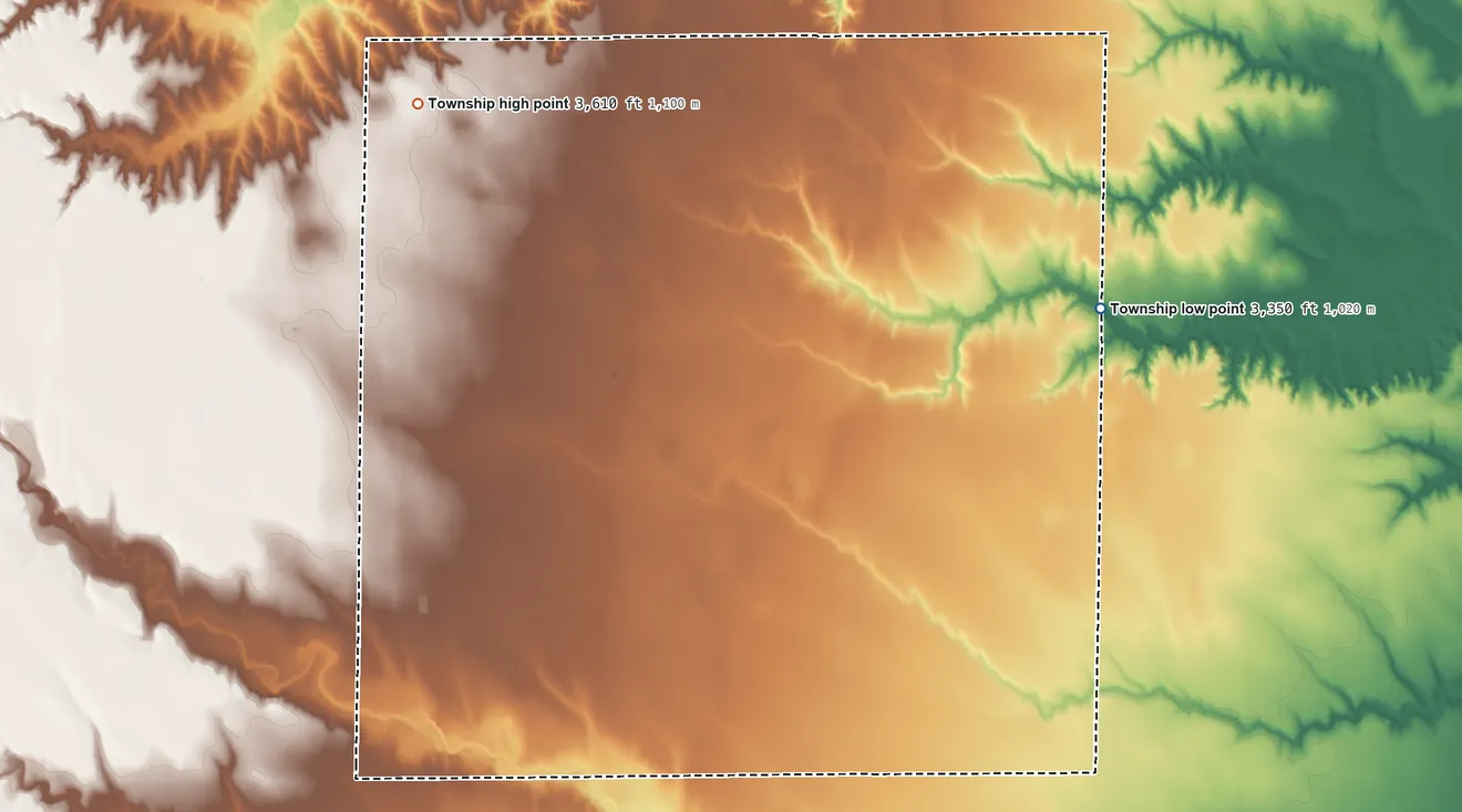 Topographic elevation map of Harrison Township, Wallace County, Kansas, shaded from 3,350 ft on the east side to 3,610 ft on the northwest side