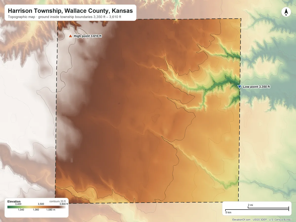 Topographic elevation map of Harrison Township, Wallace County, Kansas, shaded from 3,350 ft on the east side to 3,610 ft on the northwest side