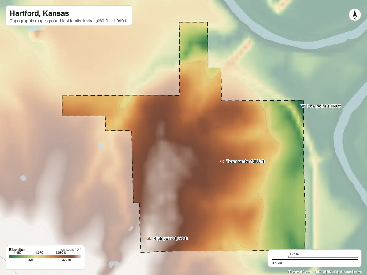 Topographic elevation map of Hartford, Kansas, shaded from 1,060 ft on the northeast side to 1,090 ft on the southwest side