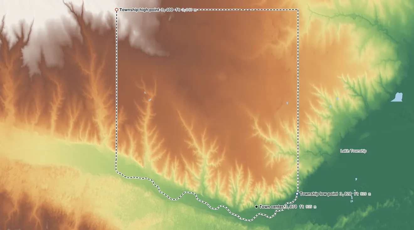 Topographic elevation map of Hartland Township, Kansas, shaded from 3,020 ft on the east side to 3,400 ft on the northwest side