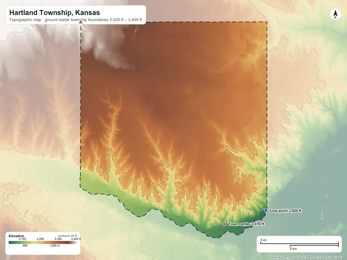Topographic elevation map of Hartland Township, Kansas, shaded from 3,020 ft on the east side to 3,400 ft on the northwest side