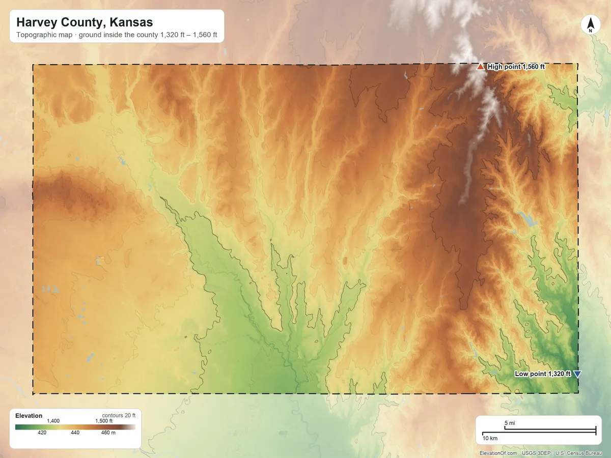 Topographic elevation map of Harvey County, Kansas, shaded from 1,320 ft on the southeast side to 1,560 ft on the northeast side