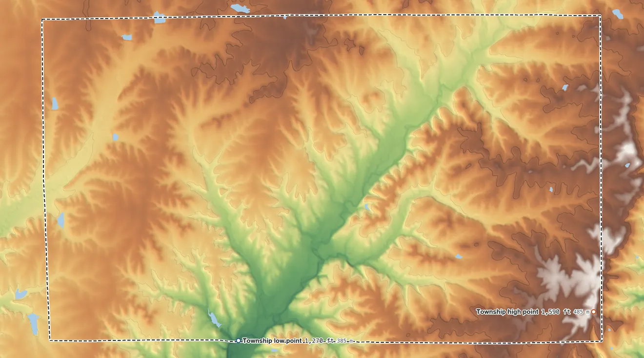 Topographic elevation map of Harvey Township, Kansas, shaded from 1,270 ft on the south side to 1,590 ft on the east side