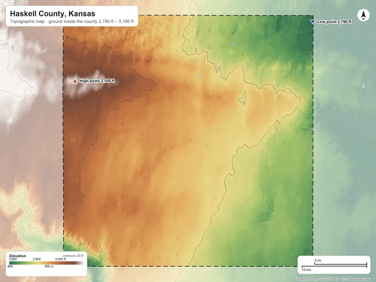 Topographic elevation map of Haskell County, Kansas, shaded from 2,790 ft on the northeast side to 3,100 ft on the northwest side