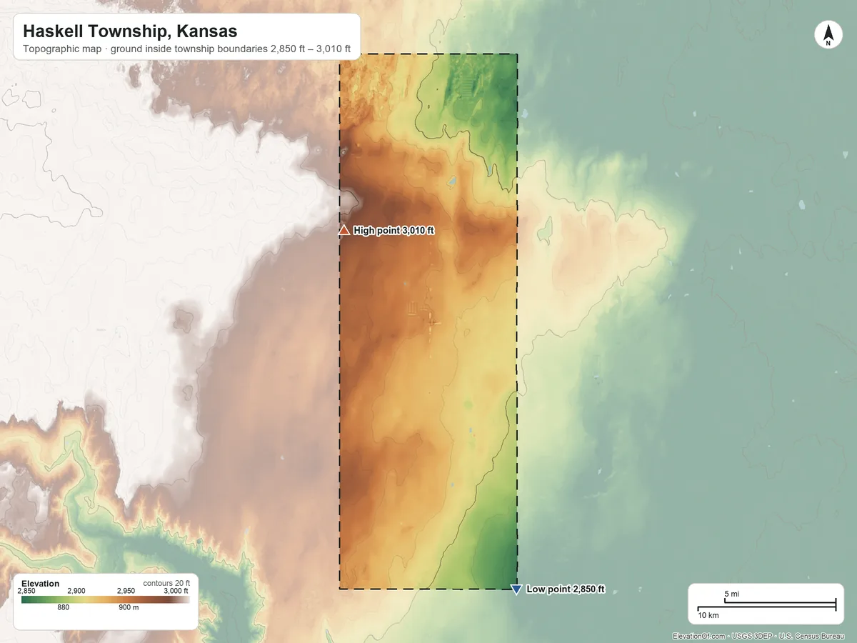 Topographic elevation map of Haskell Township, Kansas, shaded from 2,850 ft on the south side to 3,010 ft on the northwest side