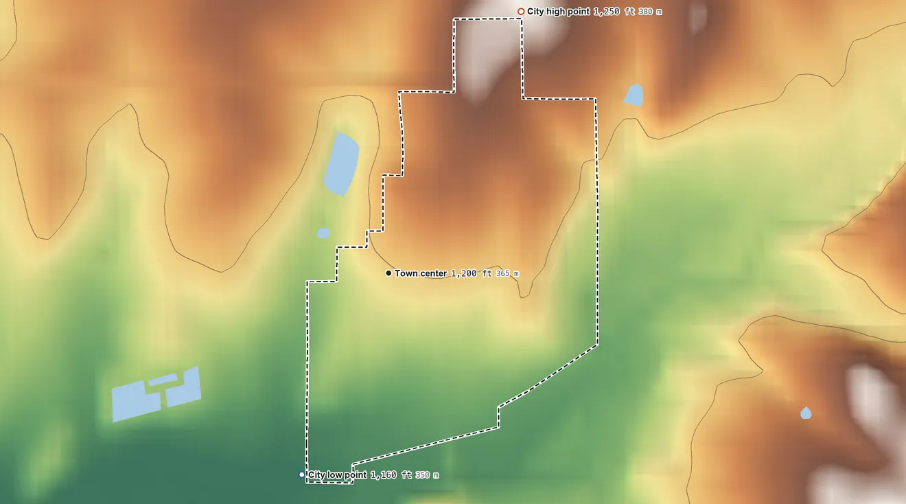 Topographic elevation map of Havensville, Kansas, shaded from 1,160 ft on the southwest side to 1,250 ft on the northeast side