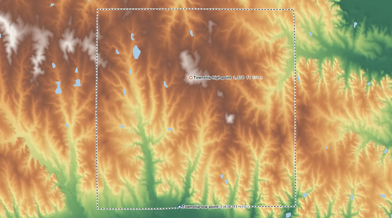 Topographic elevation map of Hawkeye Township, Kansas, shaded from 1,630 ft on the south side to 1,870 ft on the southwest side