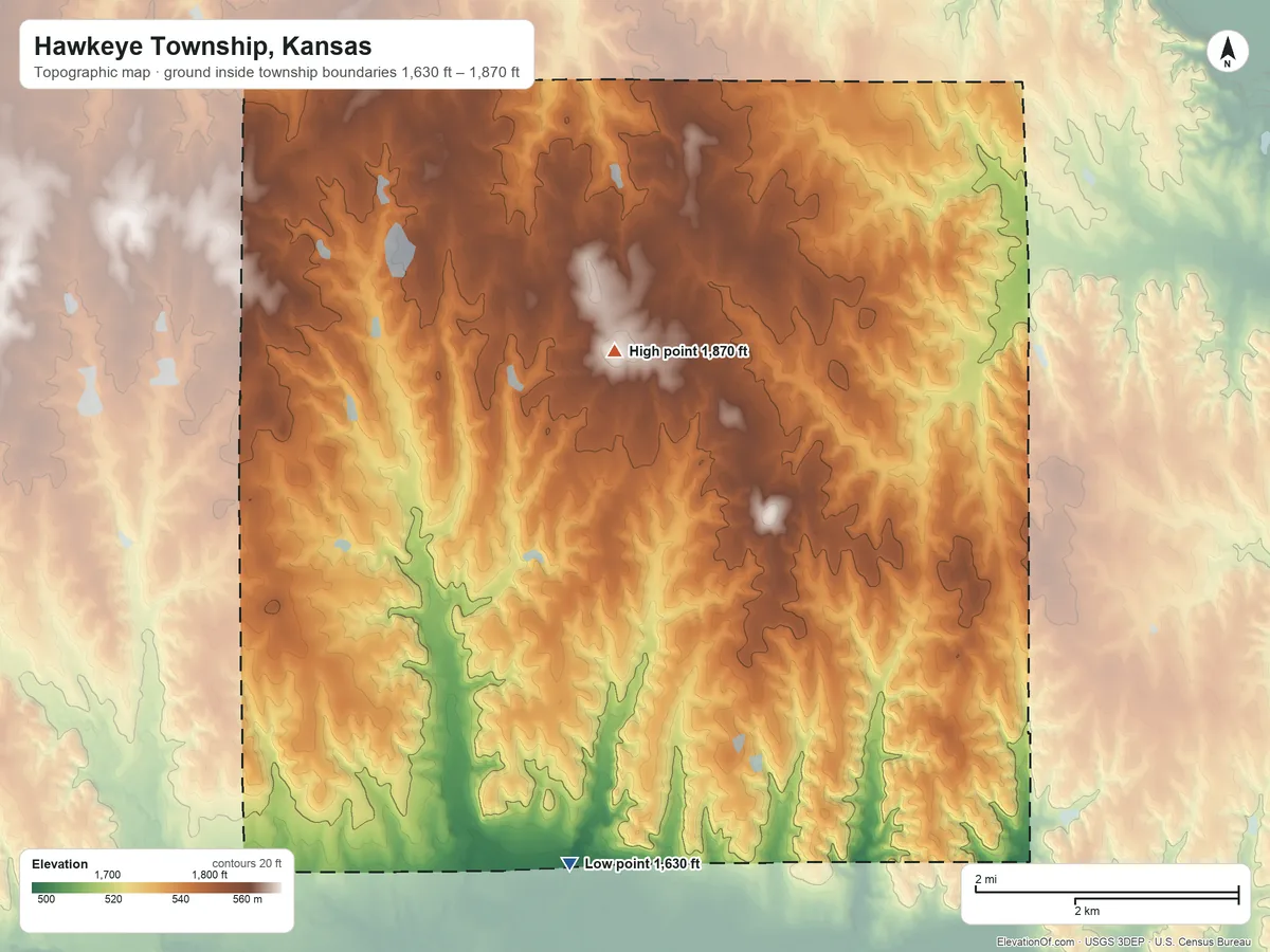 Topographic elevation map of Hawkeye Township, Kansas, shaded from 1,630 ft on the south side to 1,870 ft on the southwest side