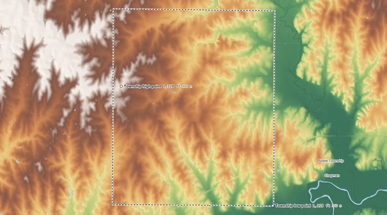 Topographic elevation map of Hayes Township, Dickinson County, Kansas, shaded from 1,110 ft on the southeast side to 1,320 ft on the northwest side