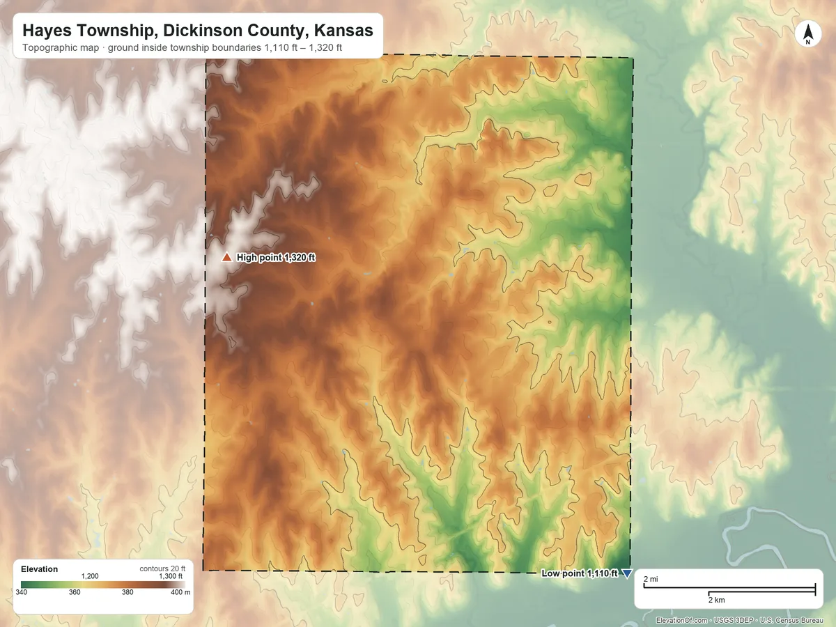 Topographic elevation map of Hayes Township, Dickinson County, Kansas, shaded from 1,110 ft on the southeast side to 1,320 ft on the northwest side