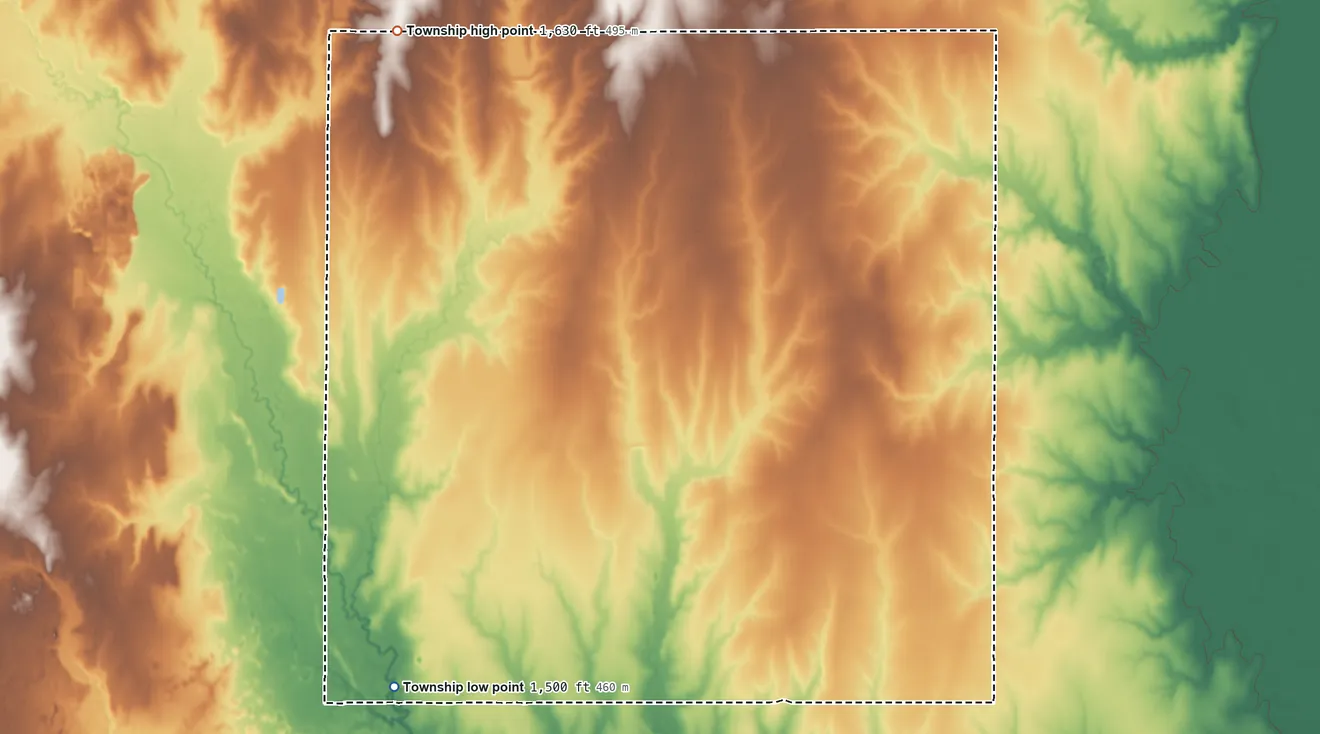 Topographic elevation map of Hayes Township, McPherson County, Kansas, shaded from 1,500 ft on the southwest side to 1,630 ft on the northwest side