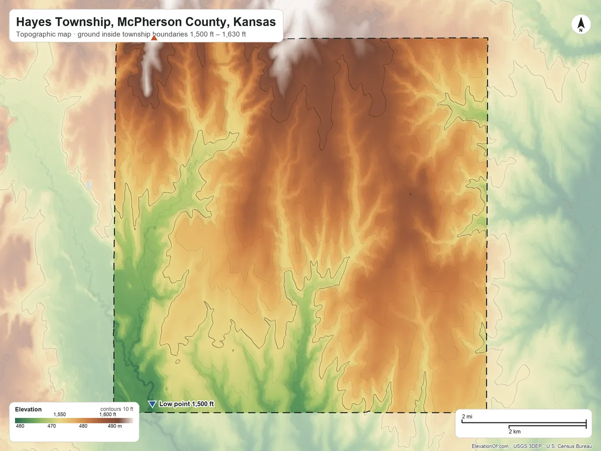 Topographic elevation map of Hayes Township, McPherson County, Kansas, shaded from 1,500 ft on the southwest side to 1,630 ft on the northwest side