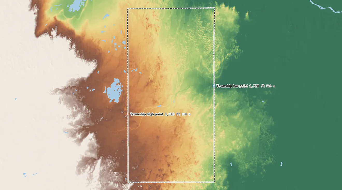 Topographic elevation map of Hayes Township, Reno County, Kansas, shaded from 1,720 ft on the northeast side to 1,810 ft on the west side