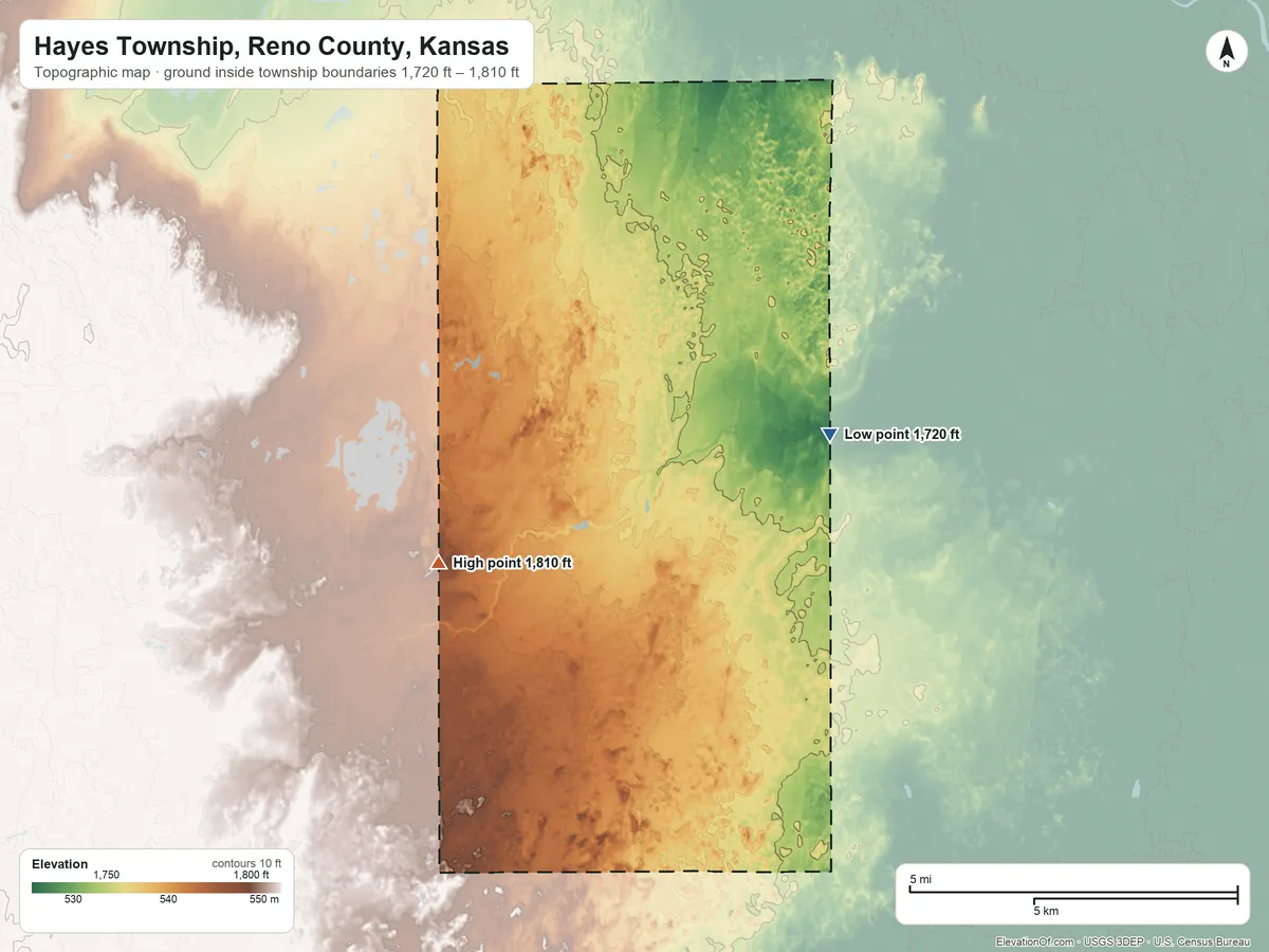 Topographic elevation map of Hayes Township, Reno County, Kansas, shaded from 1,720 ft on the northeast side to 1,810 ft on the west side