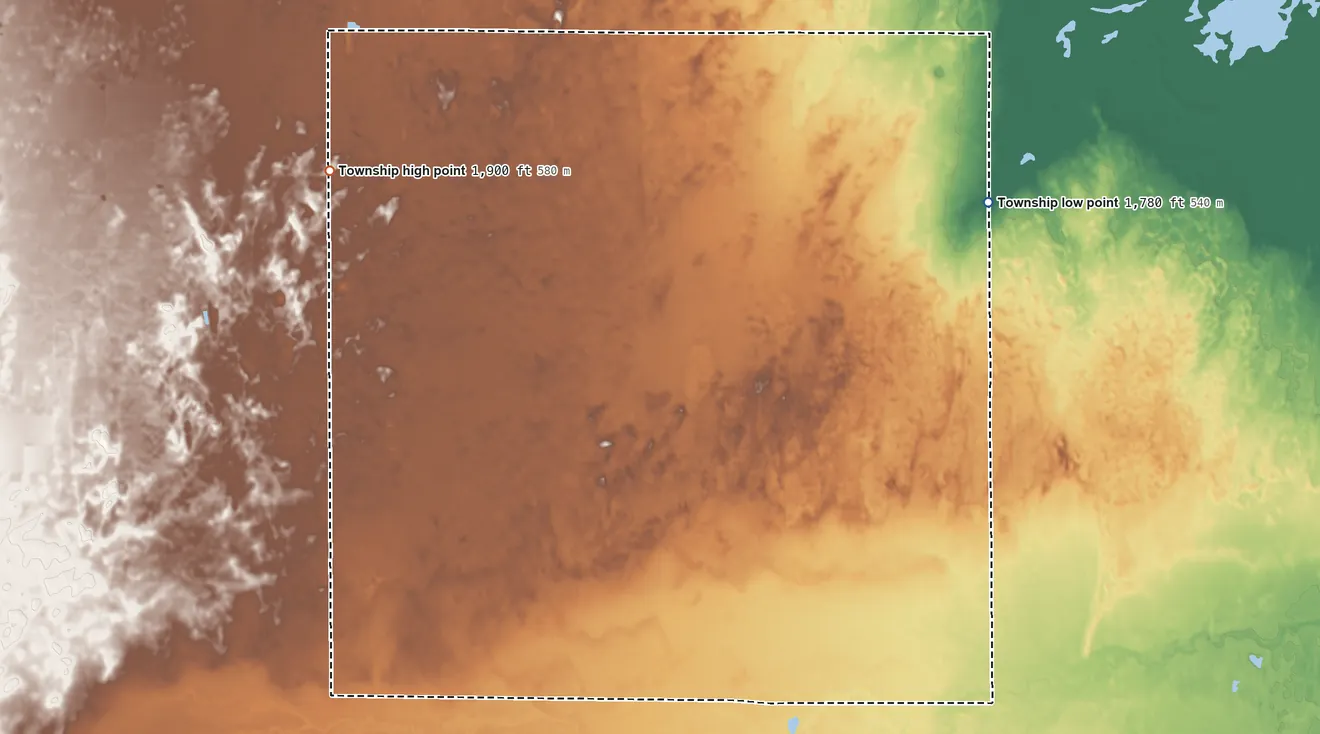 Topographic elevation map of Hayes Township, Stafford County, Kansas, shaded from 1,780 ft on the northeast side to 1,900 ft on the northwest side
