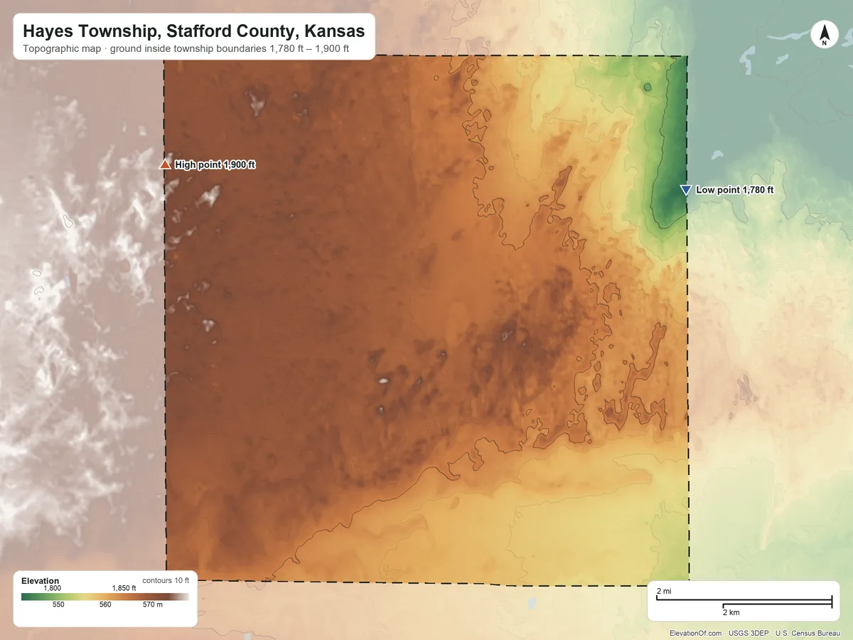 Topographic elevation map of Hayes Township, Stafford County, Kansas, shaded from 1,780 ft on the northeast side to 1,900 ft on the northwest side