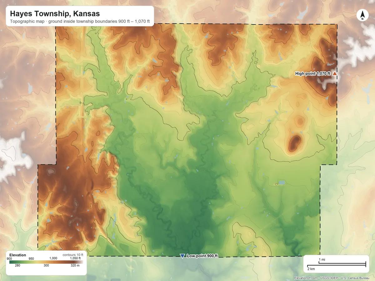 Topographic elevation map of Hayes Township, Kansas, shaded from 900 ft on the south side to 1,070 ft on the east side