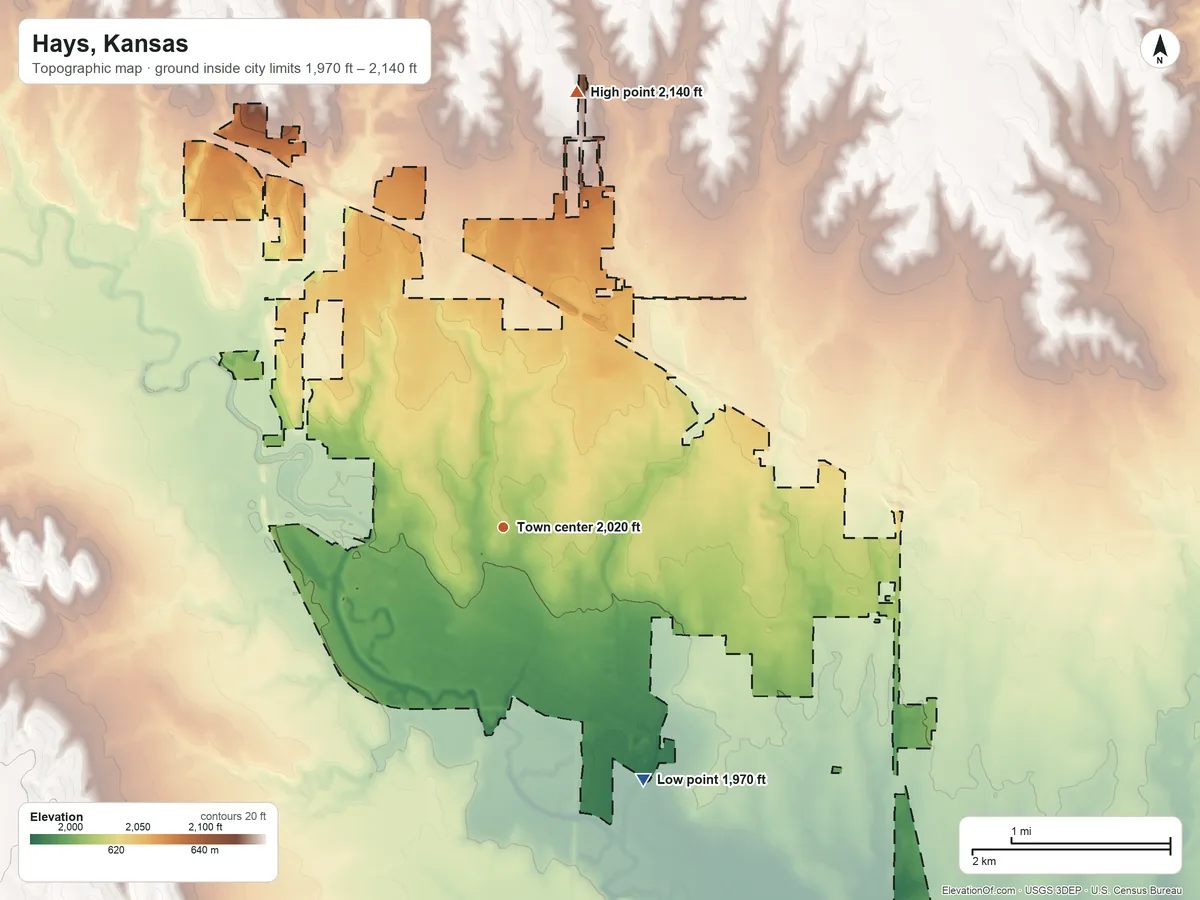 Topographic elevation map of Hays, Kansas, shaded from 1,970 ft on the southeast side to 2,140 ft on the north side
