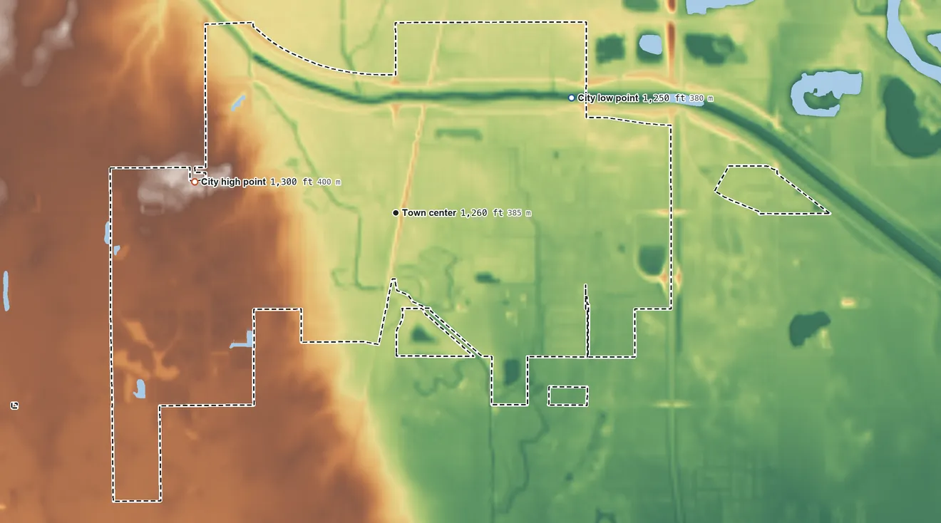 Topographic elevation map of Haysville, Kansas, shaded from 1,250 ft on the northeast side to 1,300 ft on the west side
