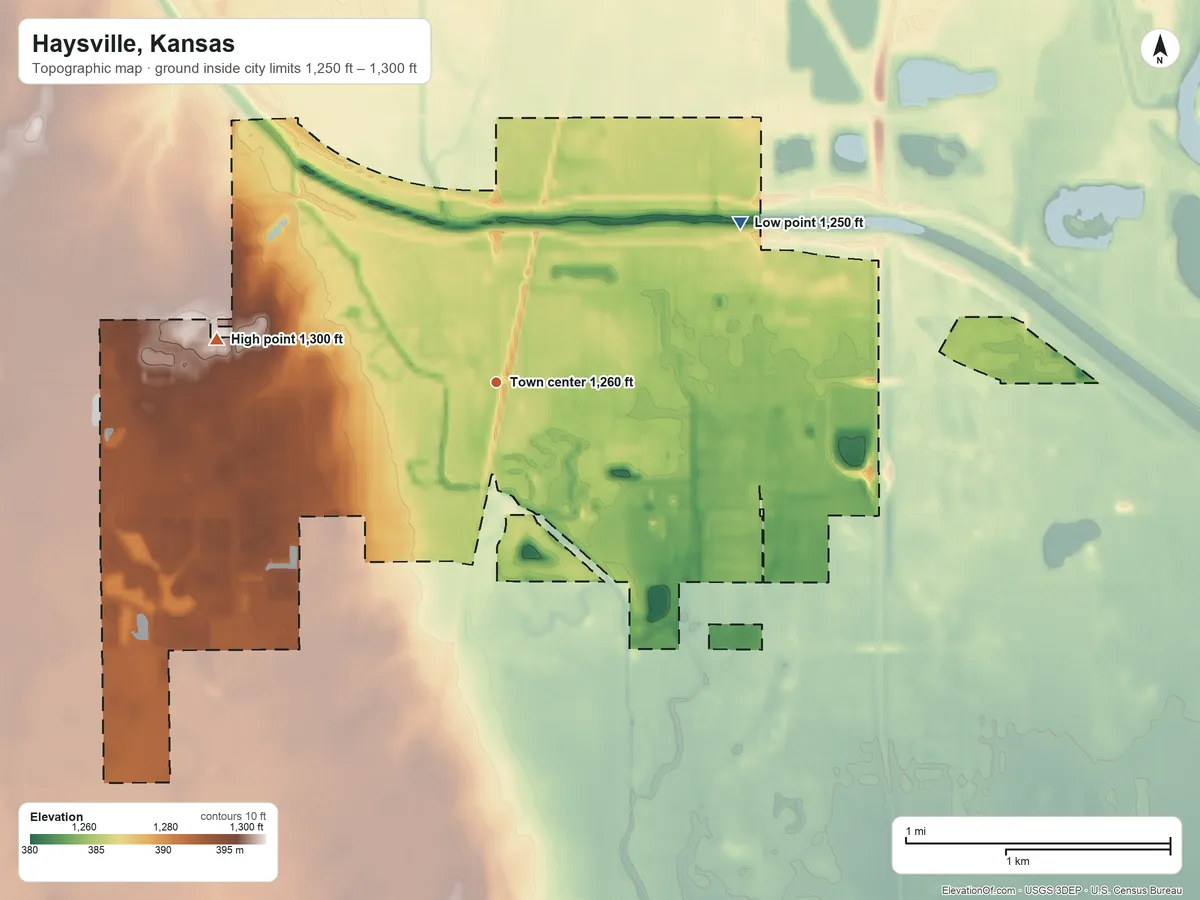 Topographic elevation map of Haysville, Kansas, shaded from 1,250 ft on the northeast side to 1,300 ft on the west side