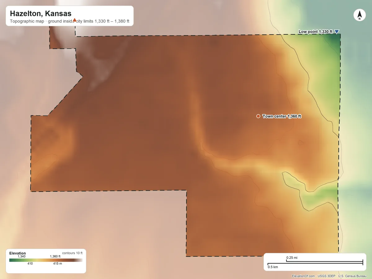 Topographic elevation map of Hazelton, Kansas, shaded from 1,330 ft on the northeast side to 1,380 ft on the northwest side